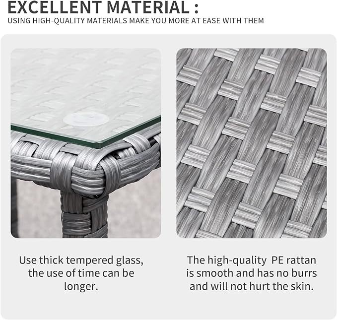 Outdoor Wicker Glass Top Side Table - Patio Rattan Square End Table with Storage