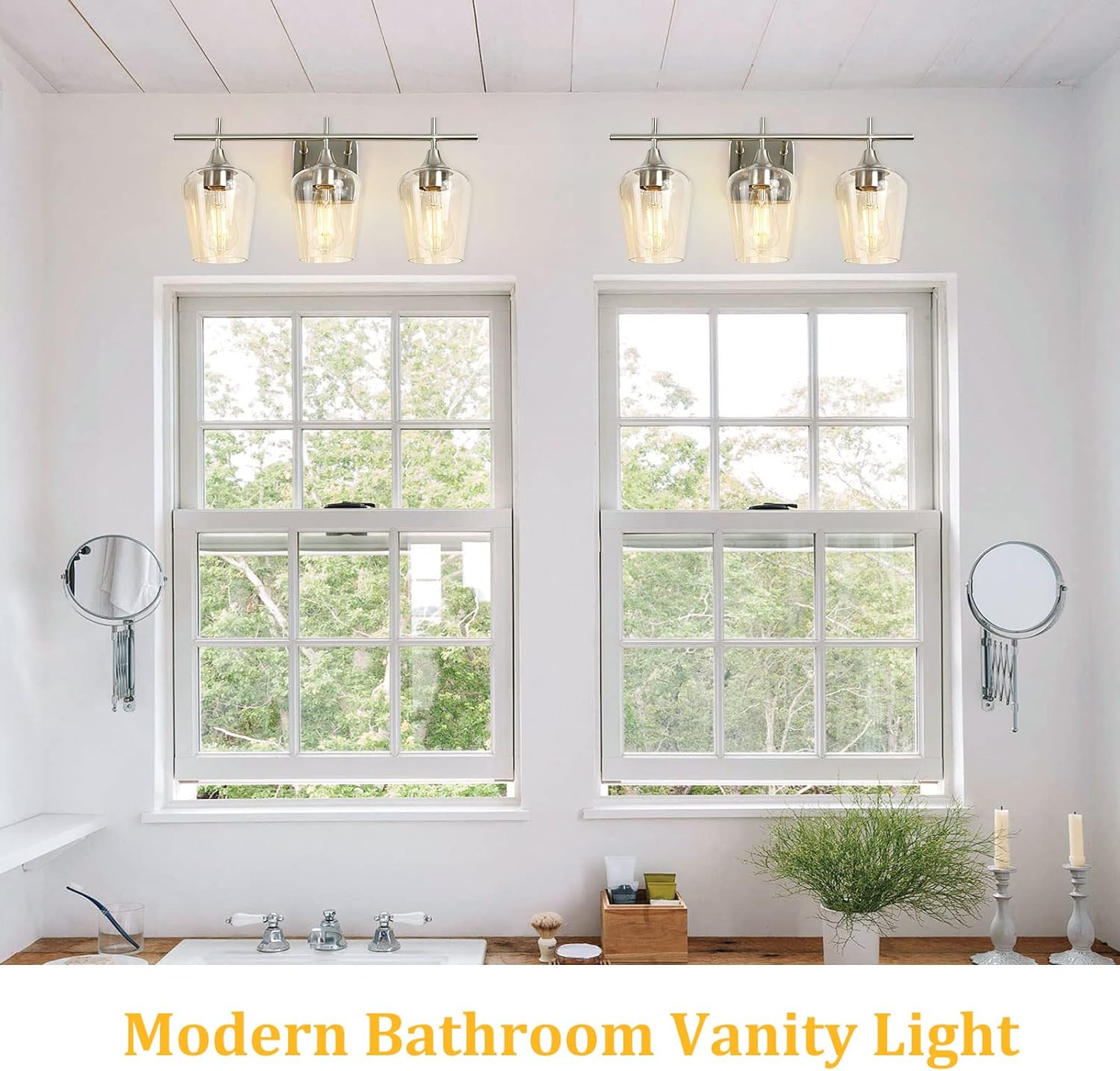3-Light Bathroom Light Fixtures, Brushed Nickel Vanity Lighting, Metal Bath Wall Mounted Lights, Modern Wall Sconces Light with Glass Shades