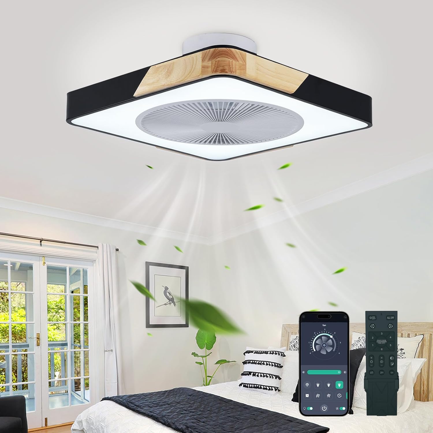 Ceiling Fan Mount for Bedroom: 20 Inch Square Bladeless Ceiling Fan with Light and Remote for Living Room Kitchen Dining Room - Modern Enclosed Led Fandelier with App Timing Dimmable Black