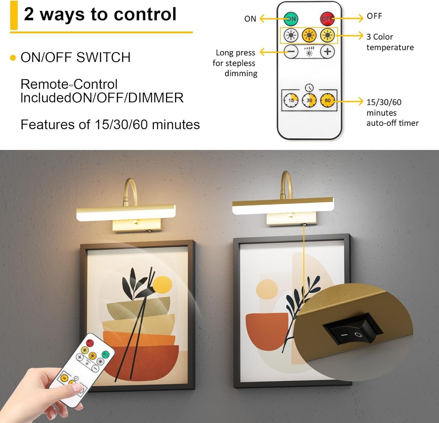 Gold Picture Light,Battery Operated LED Gold Painting Light with Remote, Rotatable Light Tube with 3 Lighting Modes, Dimmable Display Light with Timer for Painting Picture Frame Portrait Art