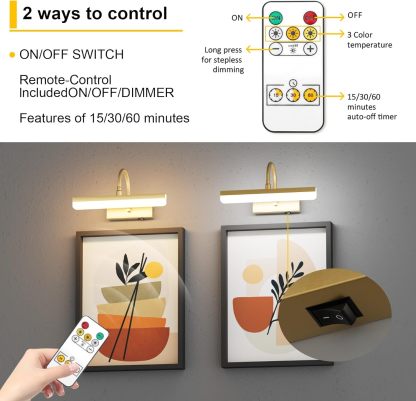 Gold Picture Light,Battery Operated LED Gold Painting Light with Remote, Rotatable Light Tube with 3 Lighting Modes, Dimmable Display Light with Timer for Painting Picture Frame Portrait Art