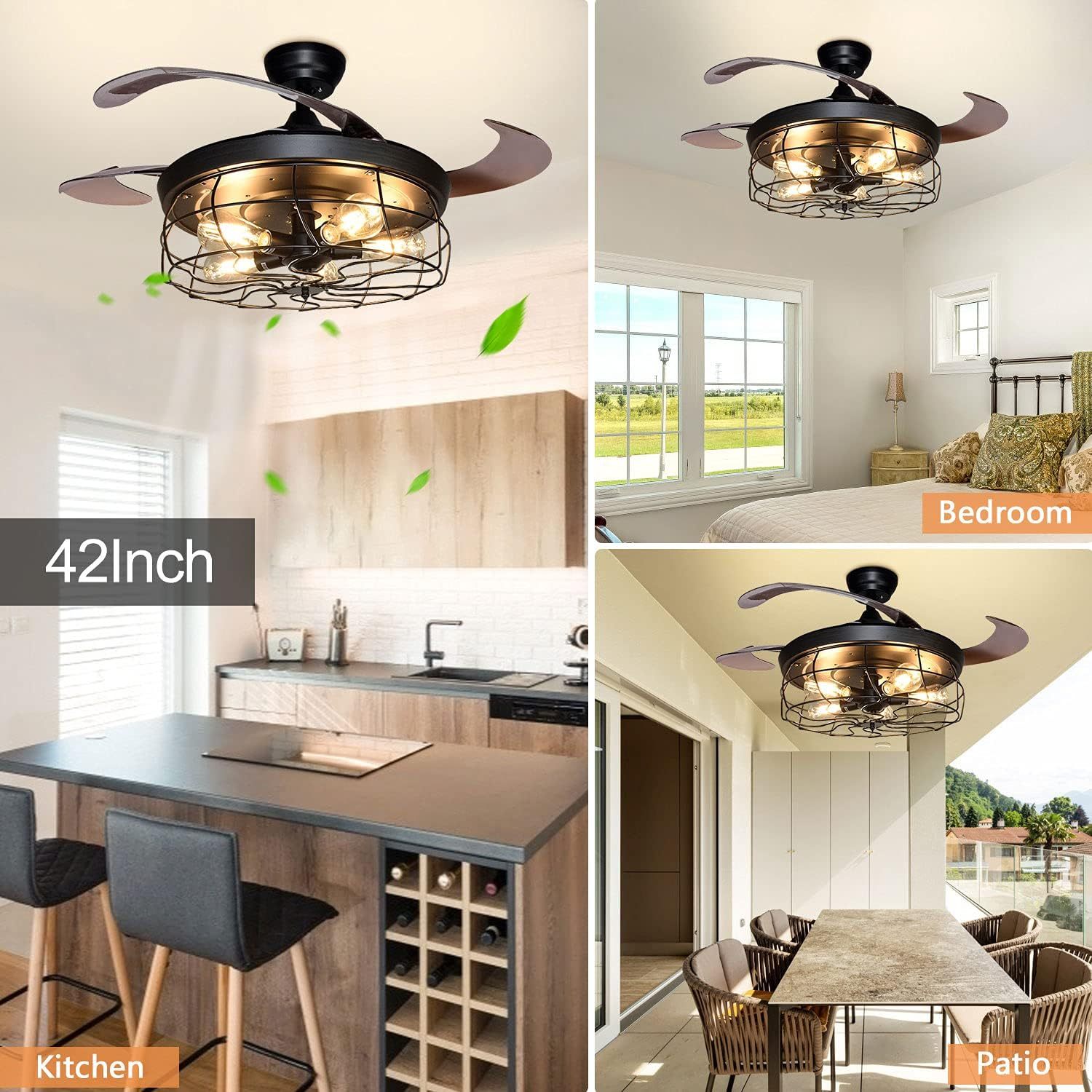Ceiling Fan with Lights-42 Industrial Ceiling Fan with Retractable Blades, Vintage Cage Ceiling Light Fixture with Remote