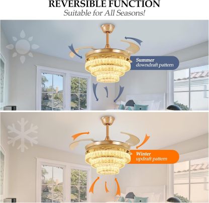 42" Modern Crystal Ceiling Fan with Lights, 3-Blade Gold Retractable Ceiling Fans Remote/APP Control, 6 Speeds Dimmable LED Fandelier