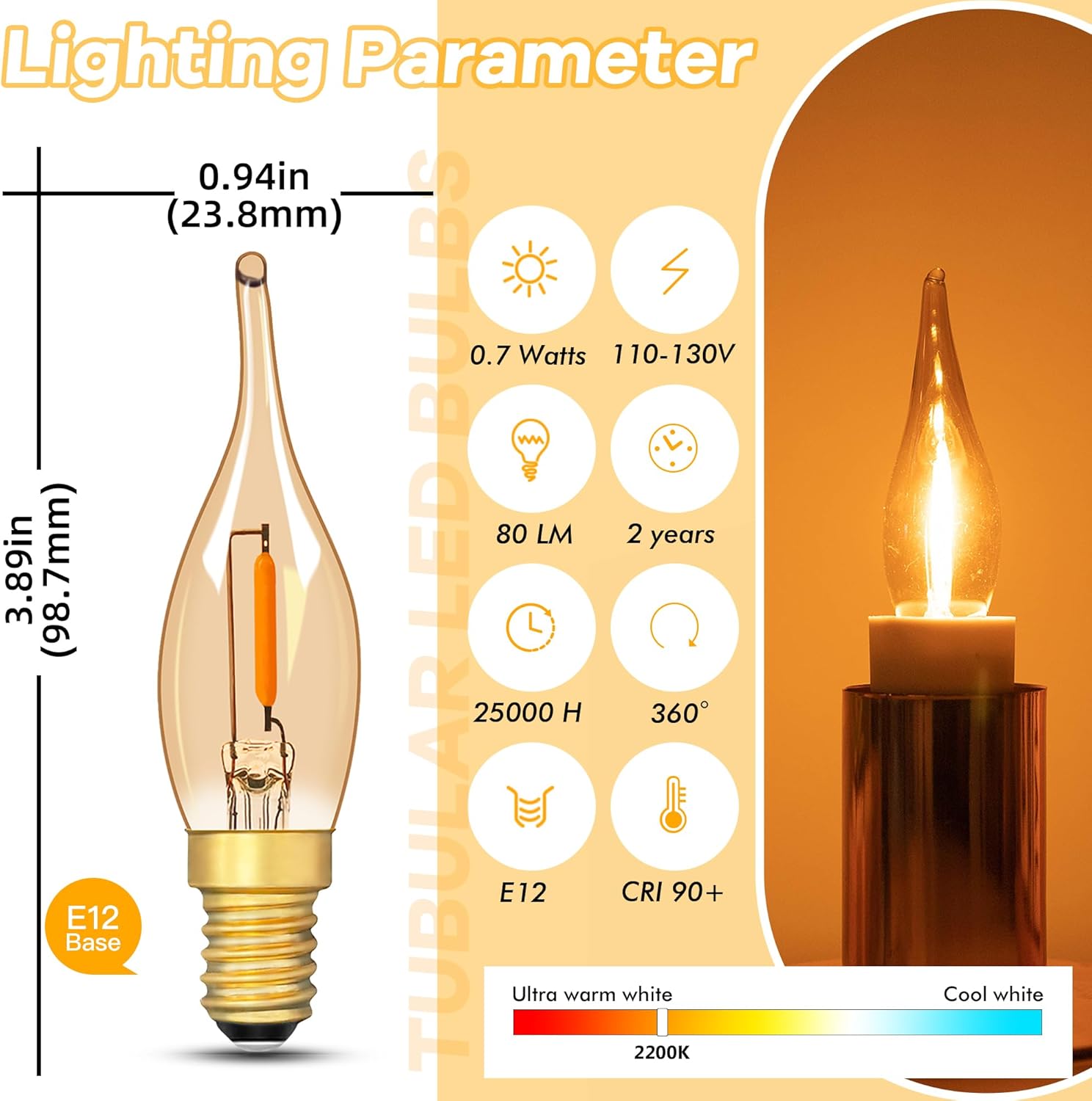 E12 Candelabra LED Night Lights,0.7W Amber Low Watt Candle Decorative Light Bulbs Equal to 7Watt Incandescent,50Lumen 2200K Ultra Warm White Chandelier for Decor Lighting,CRI>90+,Glass,6Pcs