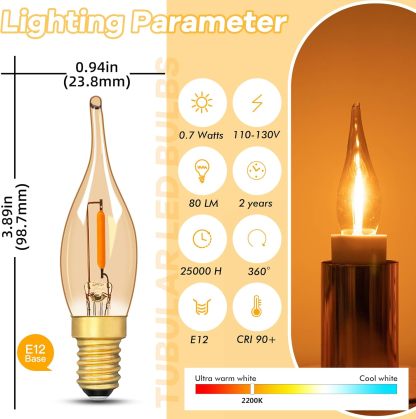 E12 Candelabra LED Night Lights,0.7W Amber Low Watt Candle Decorative Light Bulbs Equal to 7Watt Incandescent,50Lumen 2200K Ultra Warm White Chandelier for Decor Lighting,CRI>90+,Glass,6Pcs