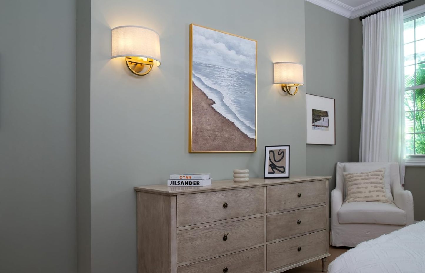 Linen Boho Wall Sconce Bedside Fixture Light, 2-Light Gold Brass Dual Indoor Hardwired Vanity Vintage Industrial Wall Mount Lamp