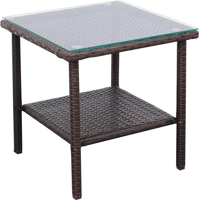 Outdoor Wicker Glass Top Side Table - Garden Metal Square Tea Table with Storage