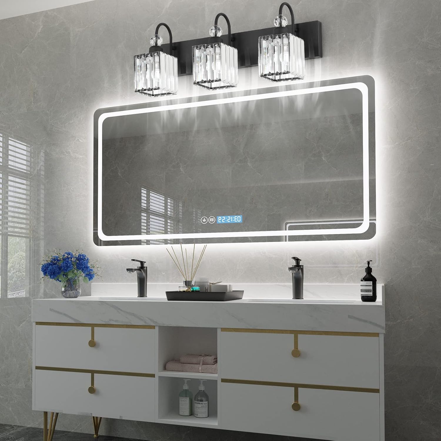 Modern Crystal Black Vanity Light 3 Light Bathroom Light Fixtures Over Mirror Matte Black Crystal Bathroom Wall Lighting