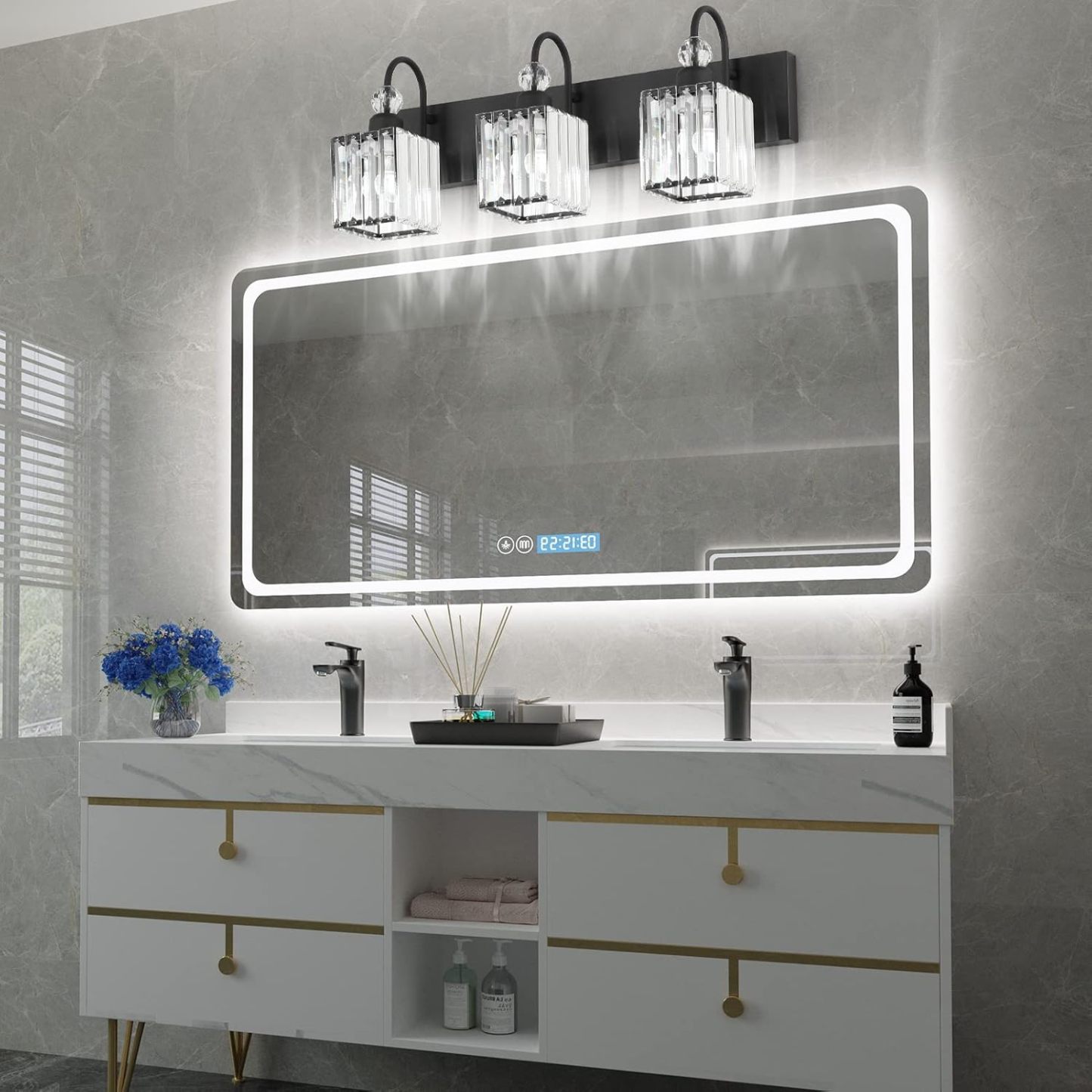 Modern Crystal Black Vanity Light 3 Light Bathroom Light Fixtures Over Mirror Matte Black Crystal Bathroom Wall Lighting