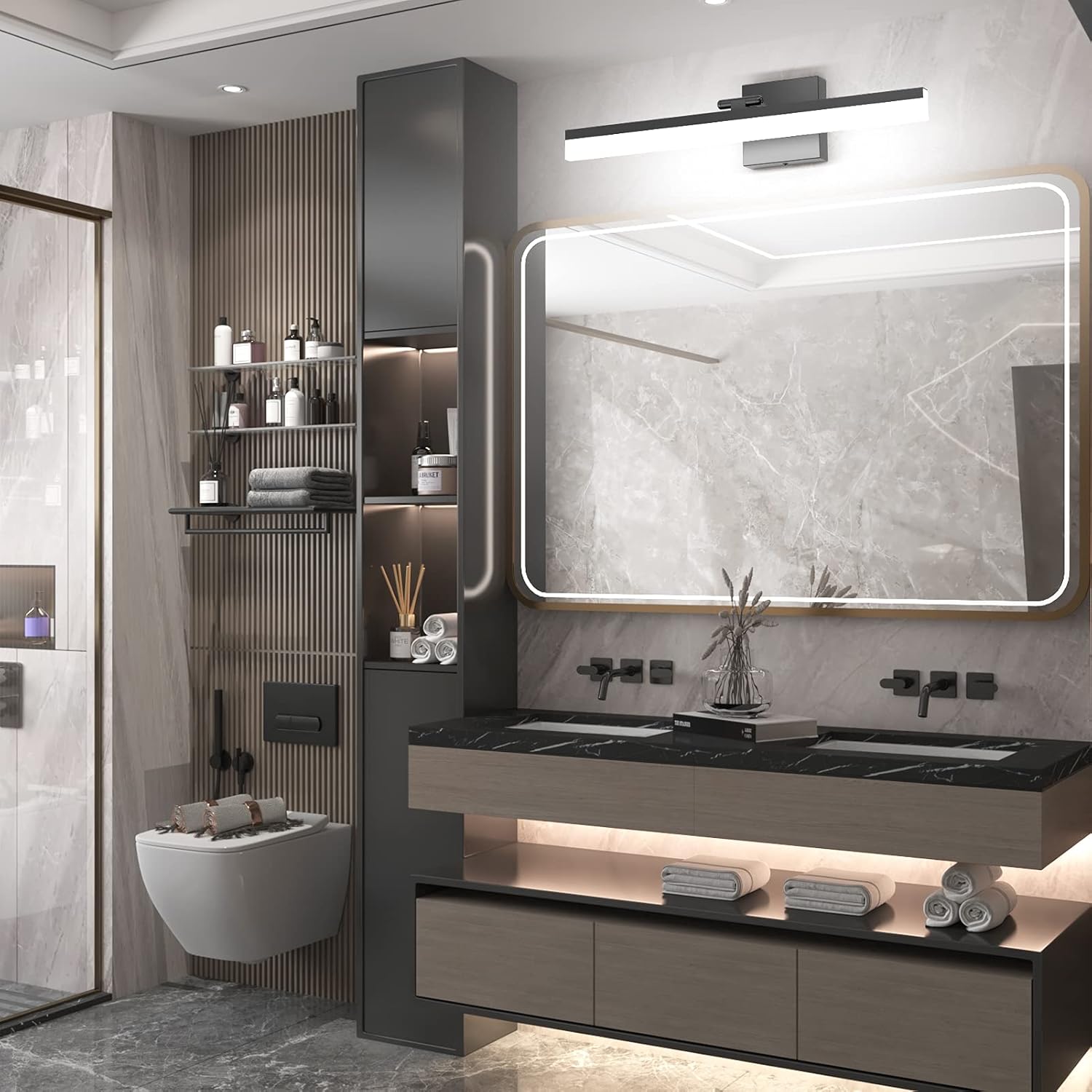 24" LED Modern Black Vanity Light 14W Adjustable Matte Black Bathroom Vanity Light Modern LED Bathroom Vanity Light Fixtures Over Mirror (6000K Cool White Light)