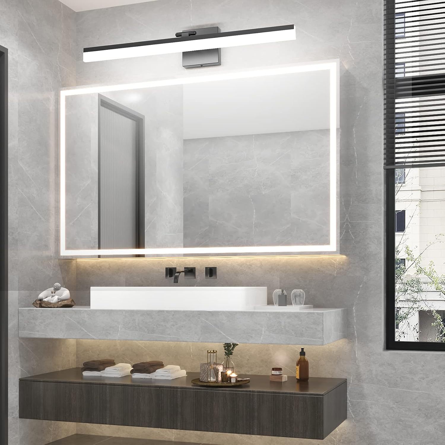 32" Matte Black Bathroom Vanity Light 18W Adjustable Vanity Light Modern LED Black Vanity Lighting Fixtures for Bathroom (6000K Cool White Light)