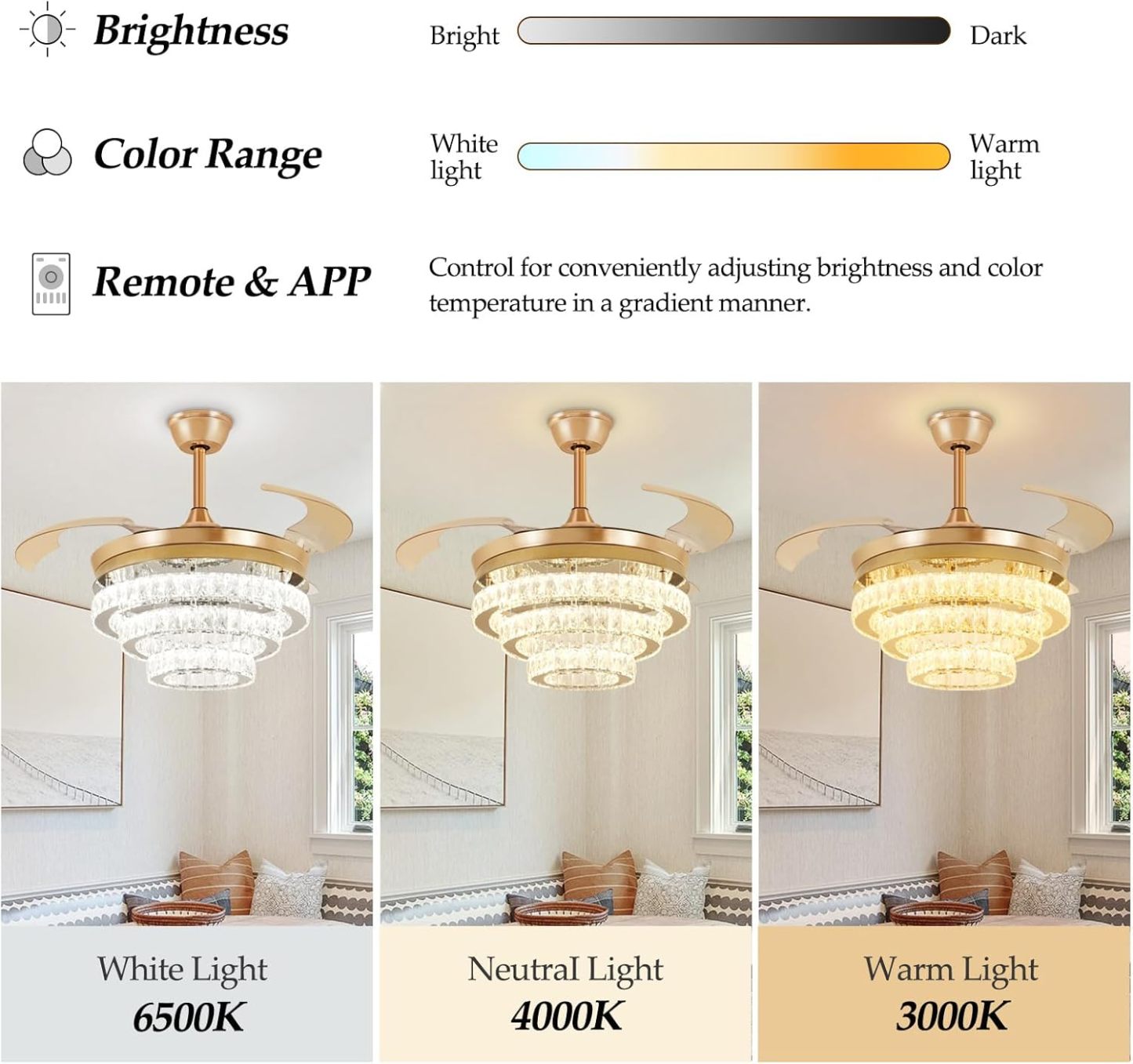 42" Modern Crystal Ceiling Fan with Lights, 3-Blade Gold Retractable Ceiling Fans Remote/APP Control, 6 Speeds Dimmable LED Fandelier