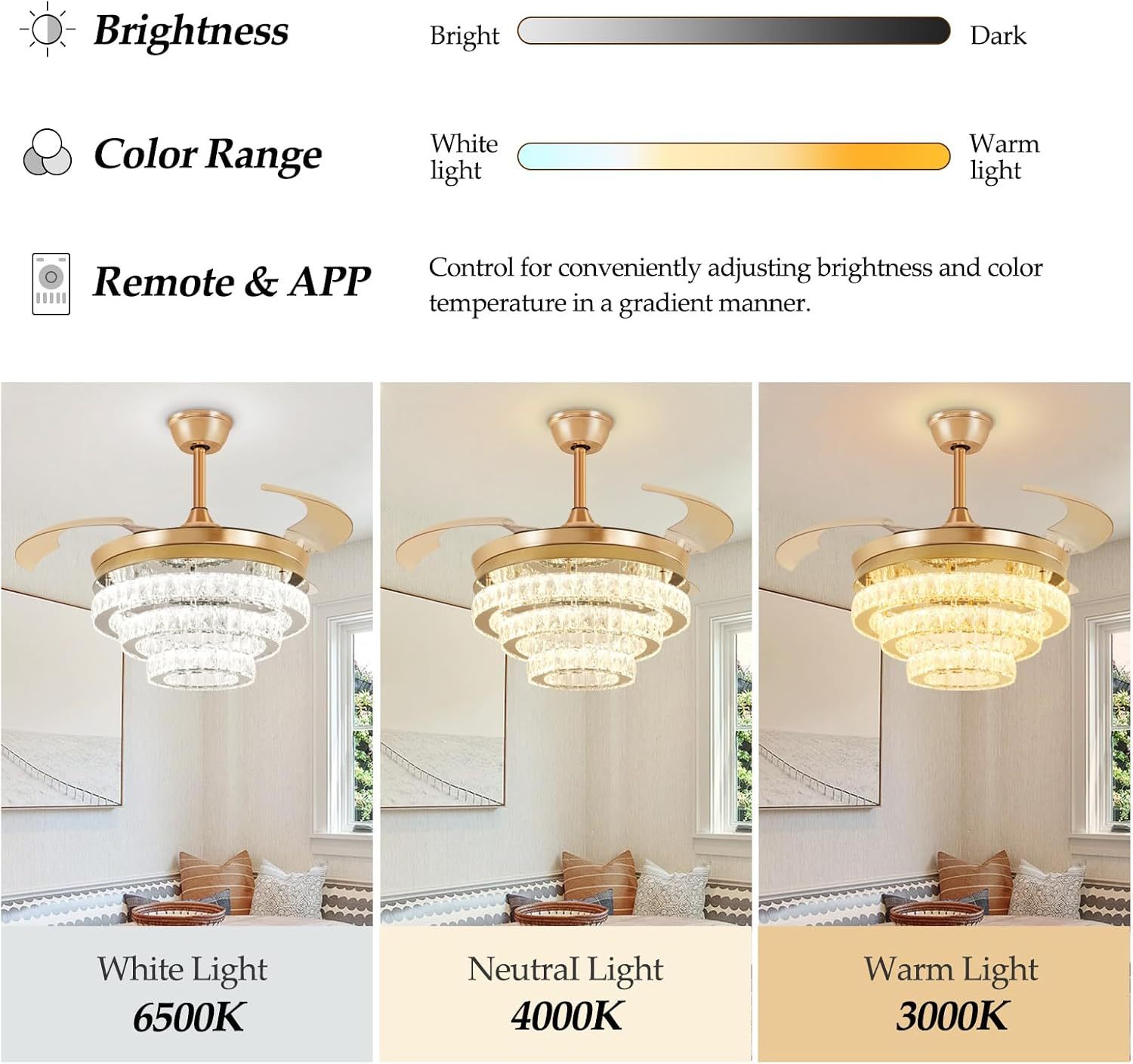 42" Modern Crystal Ceiling Fan with Lights, 3-Blade Gold Retractable Ceiling Fans Remote/APP Control, 6 Speeds Dimmable LED Fandelier