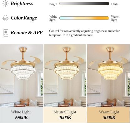 42" Modern Crystal Ceiling Fan with Lights, 3-Blade Gold Retractable Ceiling Fans Remote/APP Control, 6 Speeds Dimmable LED Fandelier