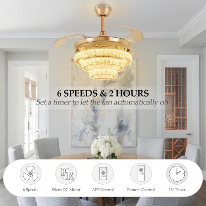 42" Modern Crystal Ceiling Fan with Lights, 3-Blade Gold Retractable Ceiling Fans Remote/APP Control, 6 Speeds Dimmable LED Fandelier