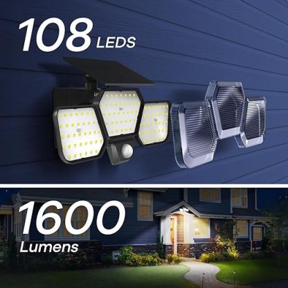 Solar Outdoor Lights, IP65 Waterproof 1600 Lumens 108 LEDs Solar Flood Lights Outdoor 2 Pack