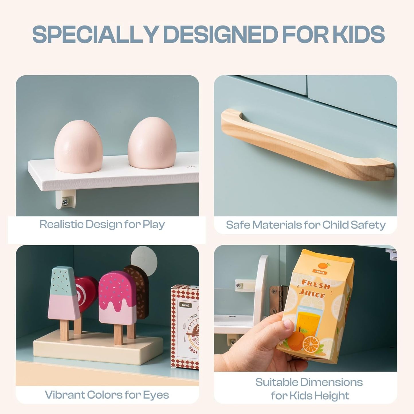 Fridge Refrigerator with Ice Dispenser, Wooden Play Fridge Freezer Set for Kids