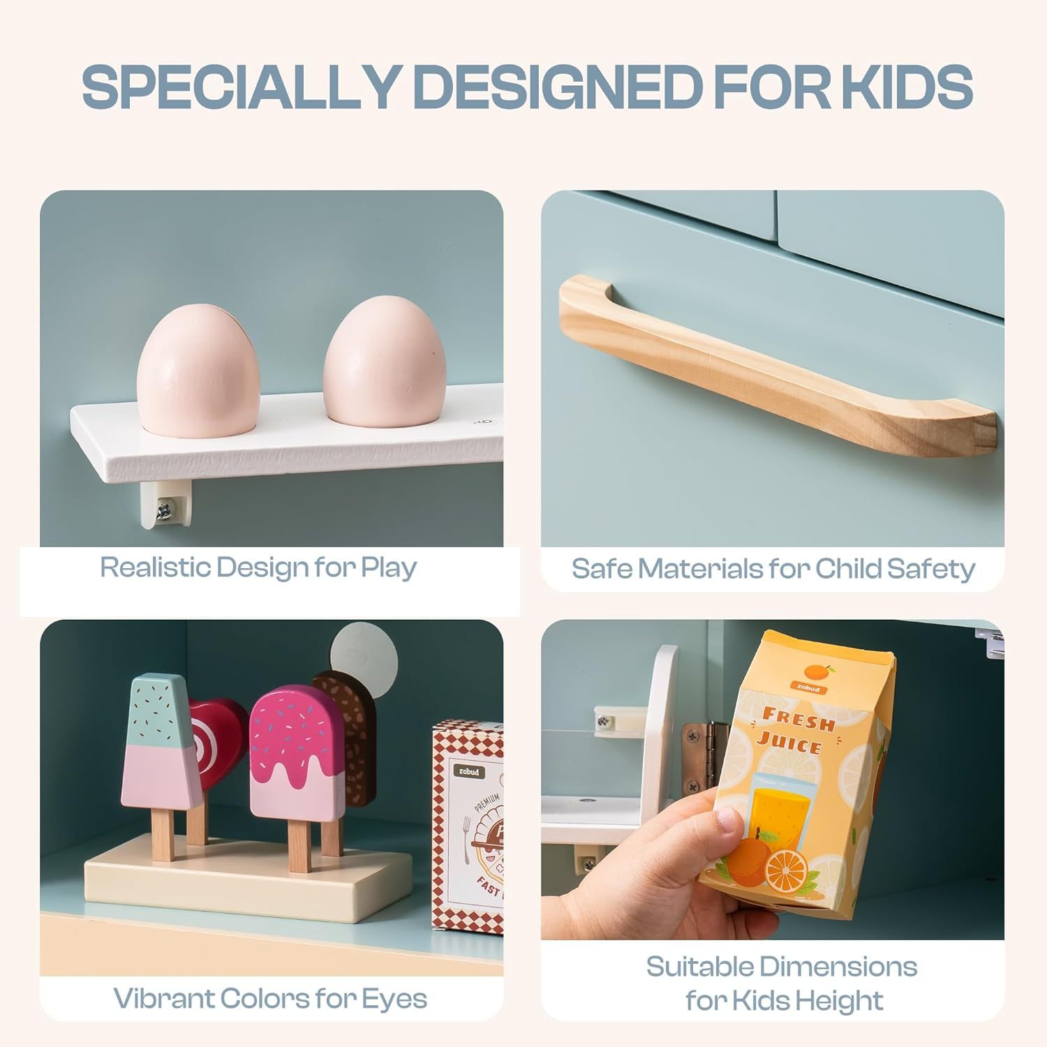 Fridge Refrigerator with Ice Dispenser, Wooden Play Fridge Freezer Set for Kids