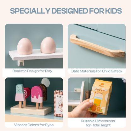 Fridge Refrigerator with Ice Dispenser, Wooden Play Fridge Freezer Set for Kids