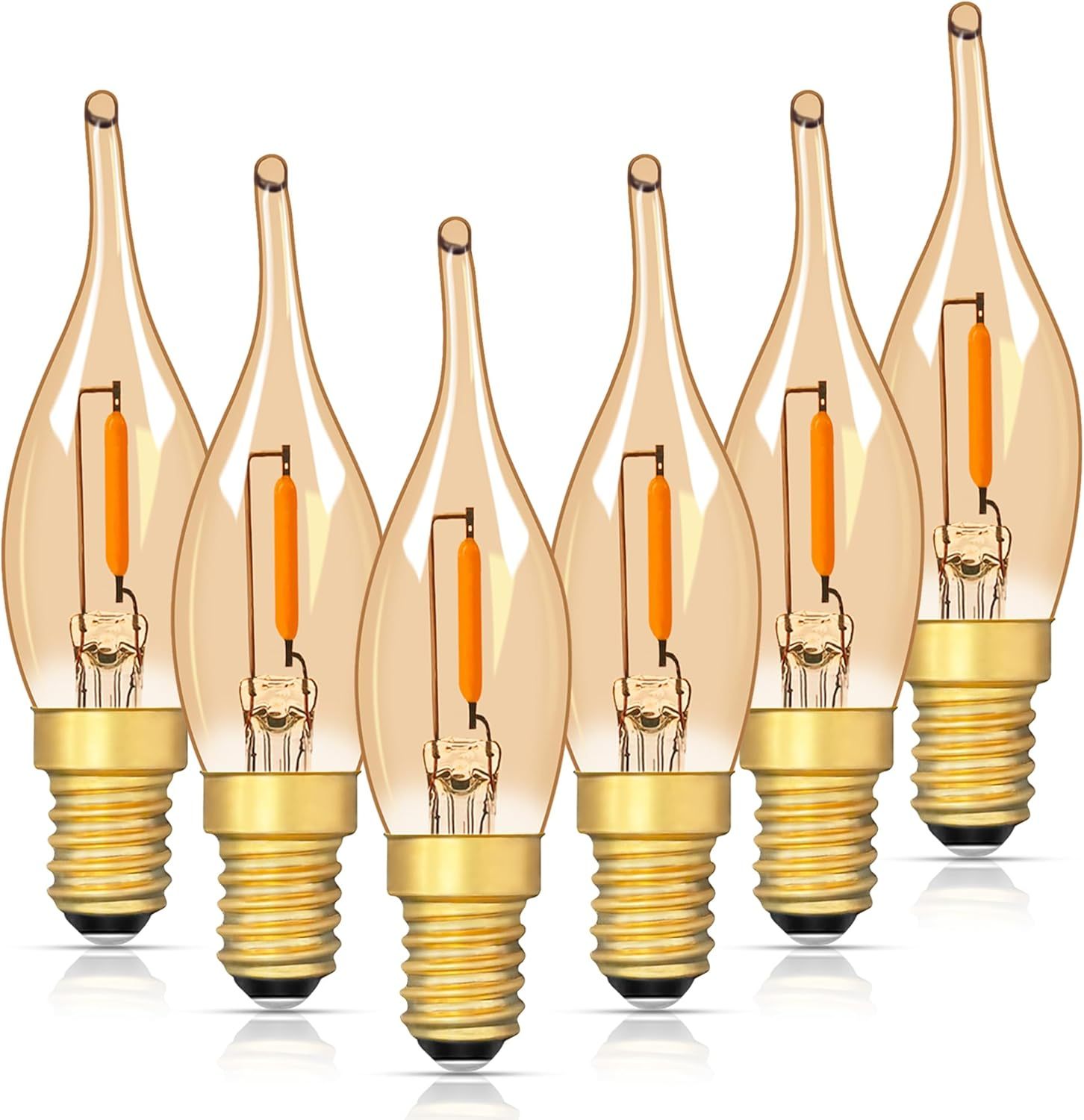 E12 Candelabra LED Night Lights,0.7W Amber Low Watt Candle Decorative Light Bulbs Equal to 7Watt Incandescent,50Lumen 2200K Ultra Warm White Chandelier for Decor Lighting,CRI>90+,Glass,6Pcs