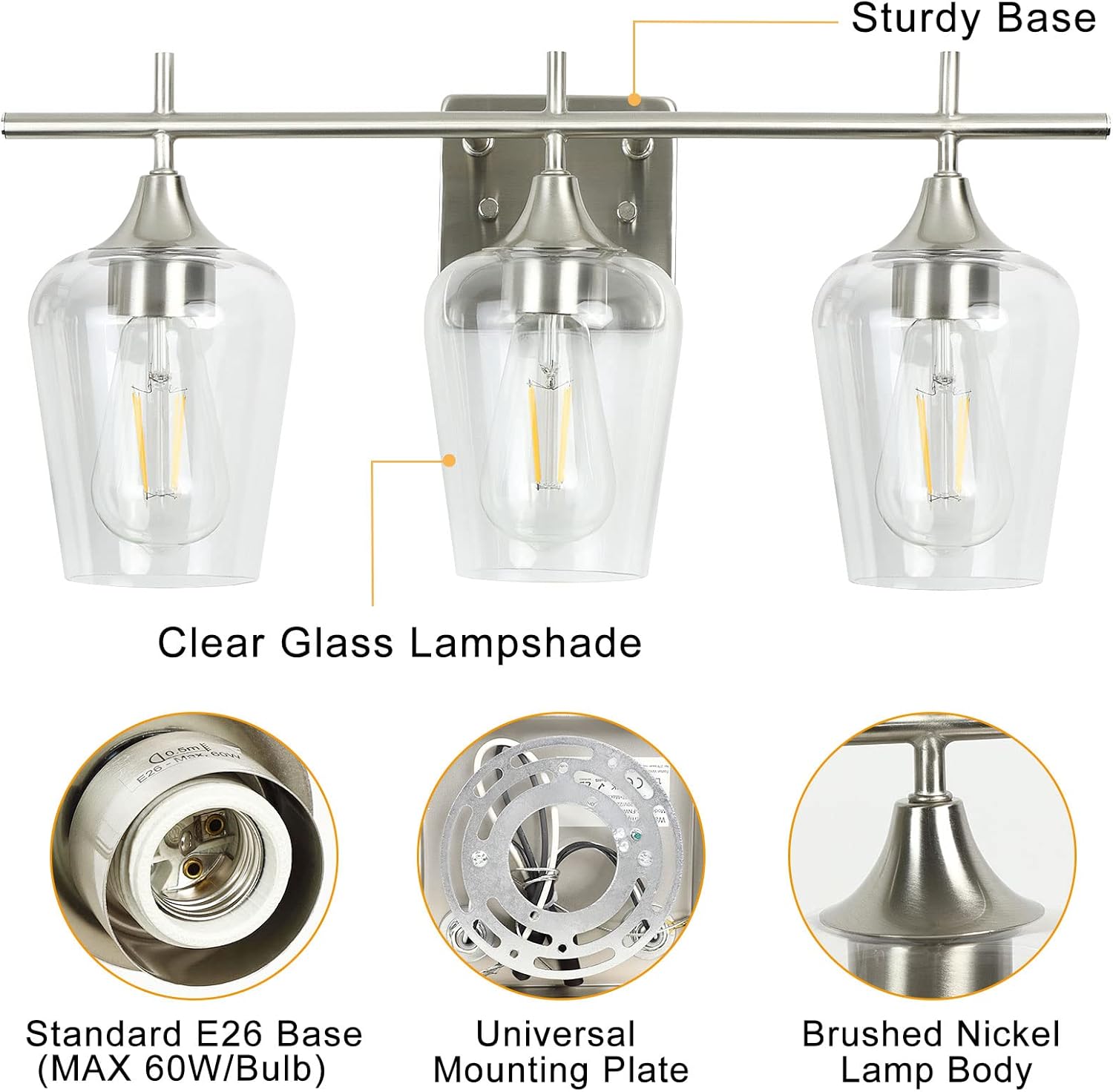 3-Light Bathroom Light Fixtures, Brushed Nickel Vanity Lighting, Metal Bath Wall Mounted Lights, Modern Wall Sconces Light with Glass Shades