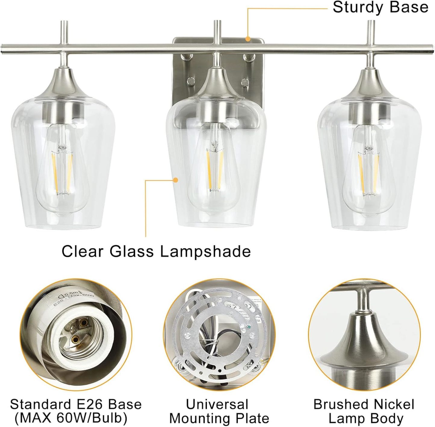3-Light Bathroom Light Fixtures, Brushed Nickel Vanity Lighting, Metal Bath Wall Mounted Lights, Modern Wall Sconces Light with Glass Shades