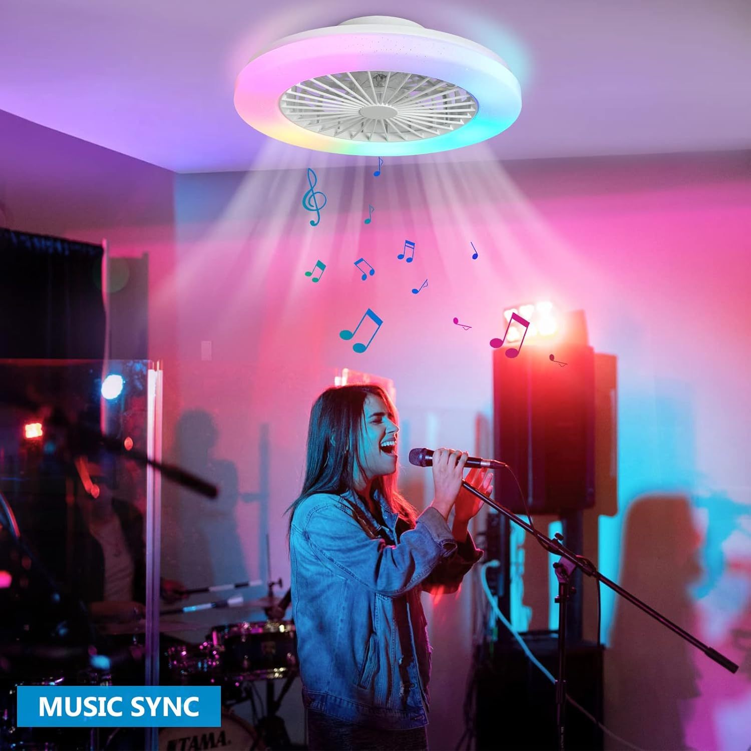 Low Profile Ceiling Fan with Light Smart Bladeless Ceiling Fans with RGB Lights Changing LED 3 Wind Speeds Festival Ambient 22 Inch Flush Mount Fan Light