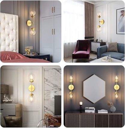 Rustic Gold Wall Sconces 2 Light Industrial Gold Wall Light Fixture Vintage Style Clear Glass Globe Gold Bathroom Light Fixtures (Exclude Bulb)