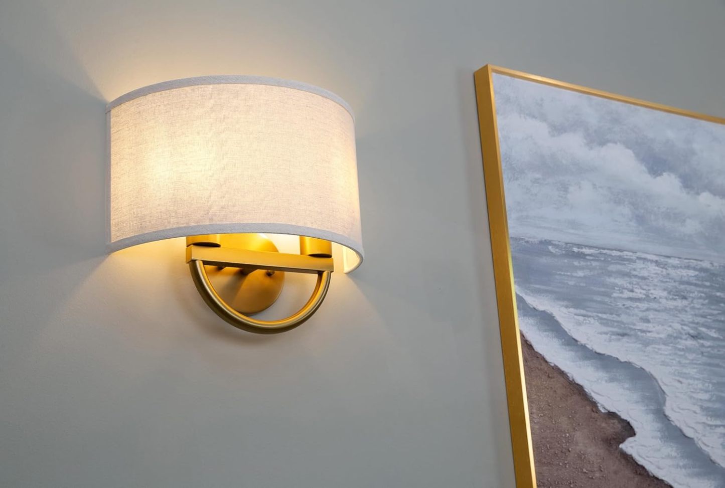 Linen Boho Wall Sconce Bedside Fixture Light, 2-Light Gold Brass Dual Indoor Hardwired Vanity Vintage Industrial Wall Mount Lamp