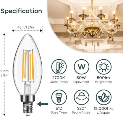 E12 Candelabra LED Light Bulbs 60W Equivalent, B11 Dimmable Chandelier Light Bulbs, 4.5W Clear Glass Vintage Edison Filament Candle Bulbs 6 Packs