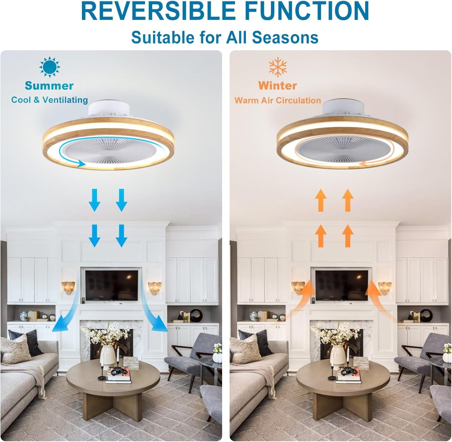 Ceiling Fan Mount for Bedroom: 20 Inch Wooden Bladeless Ceiling Fan with Light and Remote for Living Room Kitche - Modern Enclosed Led Fandelier with App Reversible 6 Wind Speed Dimmable