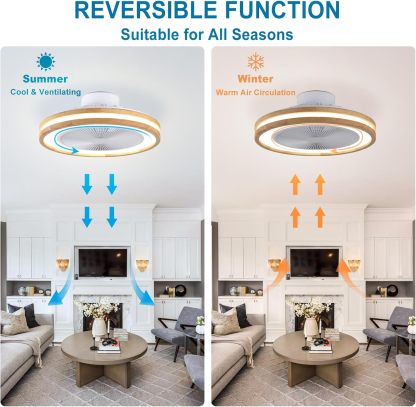 Ceiling Fan Mount for Bedroom: 20 Inch Wooden Bladeless Ceiling Fan with Light and Remote for Living Room Kitche - Modern Enclosed Led Fandelier with App Reversible 6 Wind Speed Dimmable