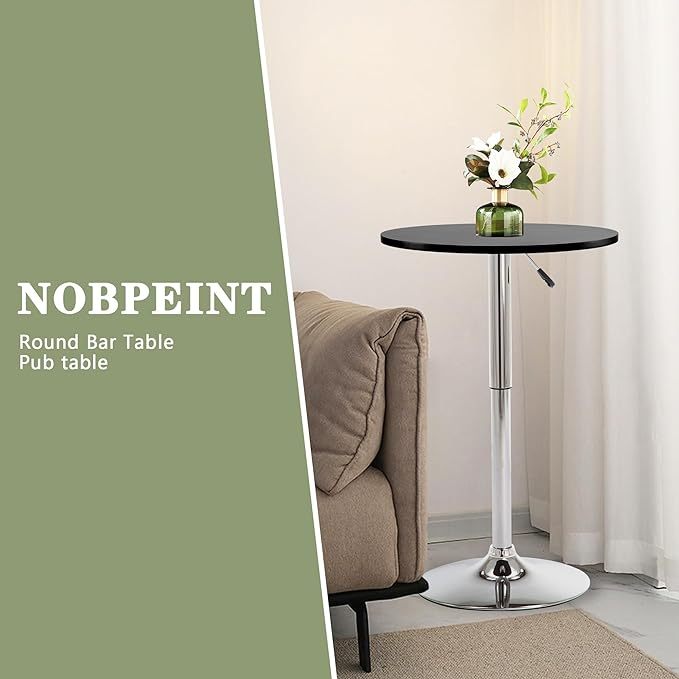 Round Pub Table, Height Adjustable Bar Table 25-35 inches, 360 Swivel Table Top, Black