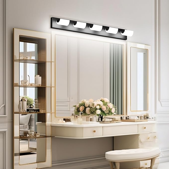 Modern Black Vanity Lights 5 Light Matte Black Modern Acrylic Bathroom Wall Lighting Fixtures Over Mirror (White Light 6000K)