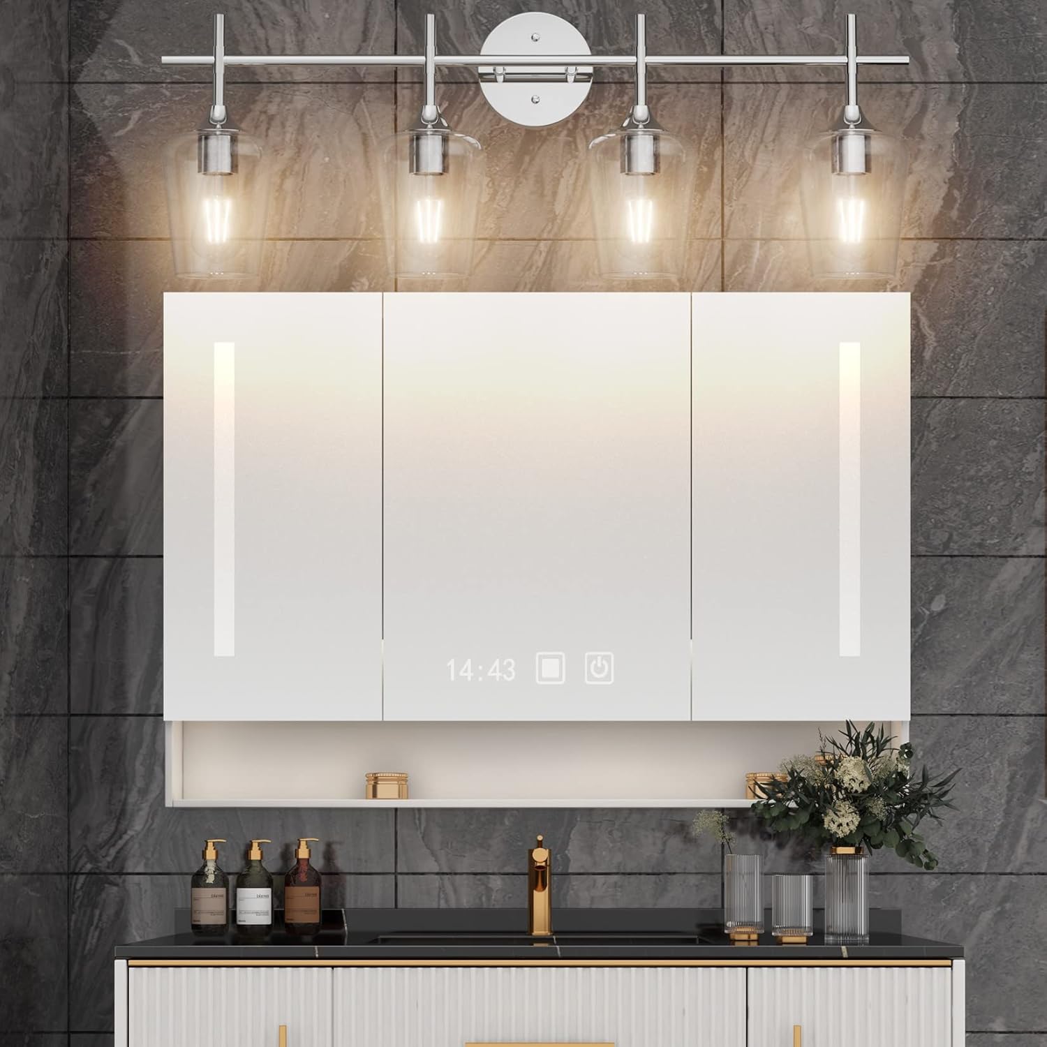 Chrome Bathoom Vanity Light 4 Light Industrial Farmhouse Chrome Bathroom Light Fixtures Over Mirror Clear Glass Chrome Vanity Light for Bathroom Wall Lighting Fixtures Over Mirror