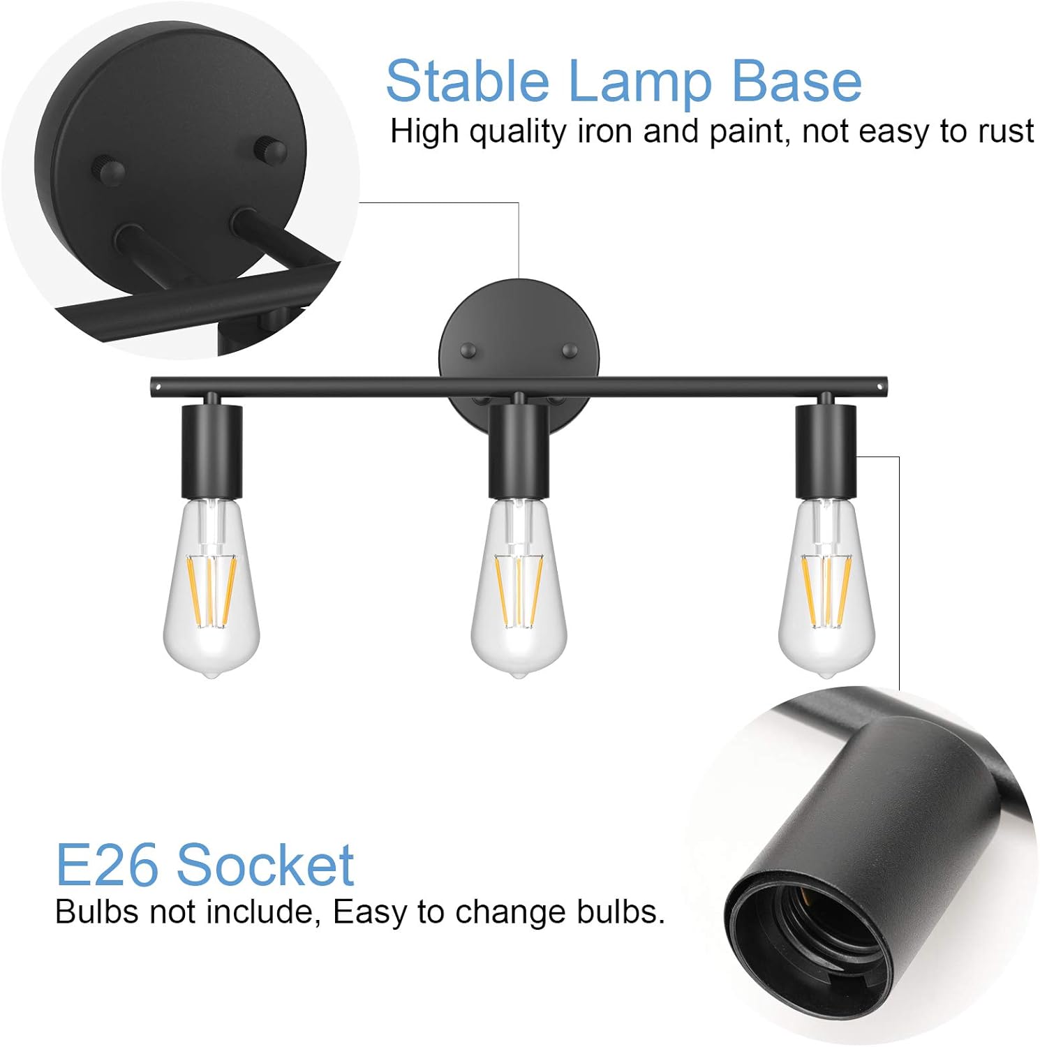 Black Wall Sconce 3 Light Industrial Matte Black Vanity Light Fixtures, Vintage Edison Wall Lamp Lighting Fixture for Bathroom