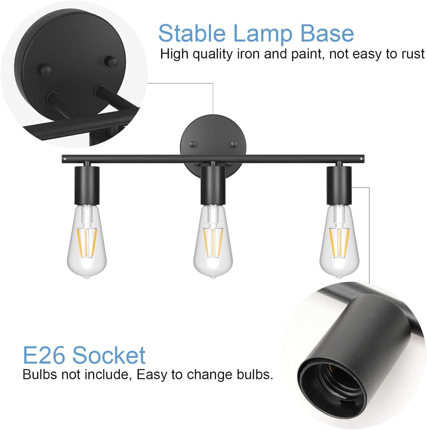 Black Wall Sconce 3 Light Industrial Matte Black Vanity Light Fixtures, Vintage Edison Wall Lamp Lighting Fixture for Bathroom