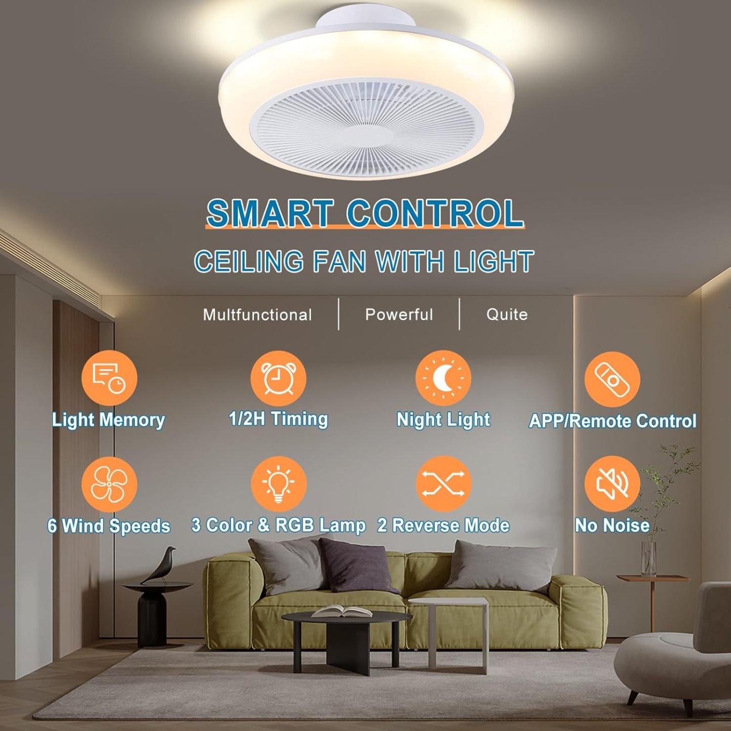 Ceiling Fan Mount for Bedroom: 18 Inch Bladeless Ceiling Fan with RGB Light and Remote for Living Room Kitchen Dining Room