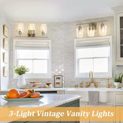 3-Light Bathroom Light Fixtures, Brushed Nickel Vanity Lighting, Metal Bath Wall Mounted Lights, Modern Wall Sconces Light with Glass Shades