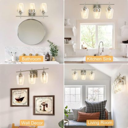 3-Light Bathroom Light Fixtures, Brushed Nickel Vanity Lighting, Metal Bath Wall Mounted Lights, Modern Wall Sconces Light with Glass Shades