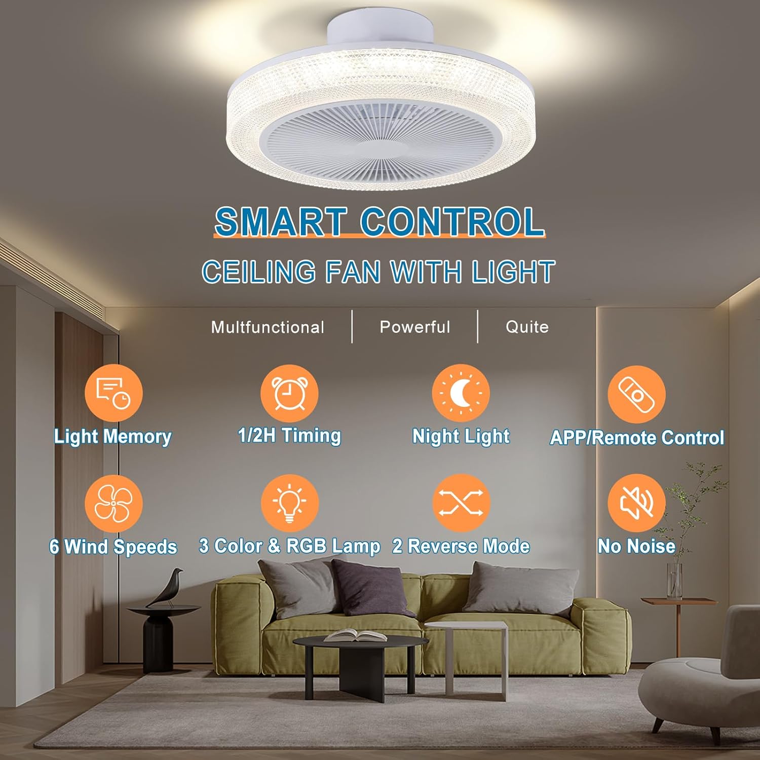 Low Profile Ceiling Fan: 18 Inch Flush Mount Bladeless RGB Ceiling Fan with Light and Remote for Bedroom Living Room Kitchen