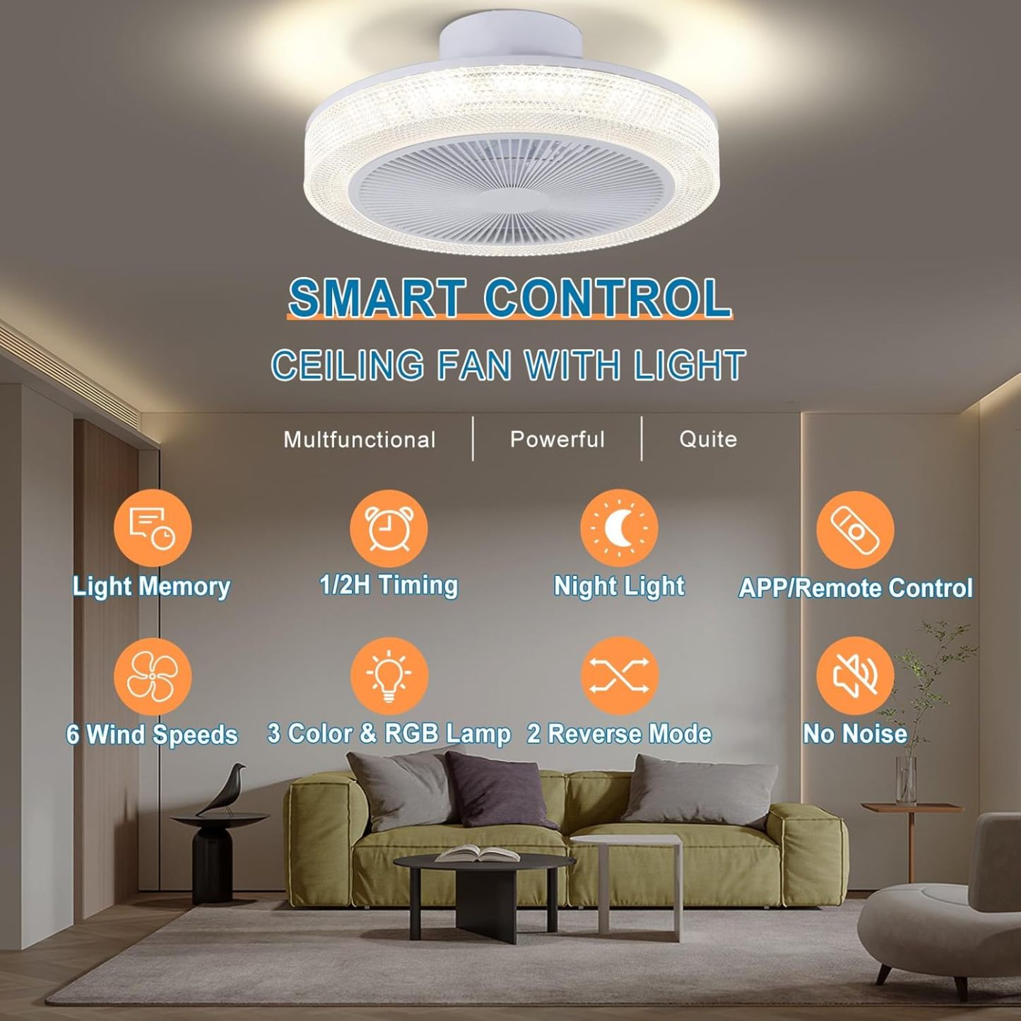 Low Profile Ceiling Fan: 18 Inch Flush Mount Bladeless RGB Ceiling Fan with Light and Remote for Bedroom Living Room Kitchen