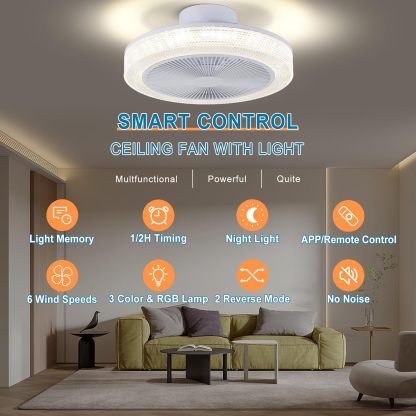 Low Profile Ceiling Fan: 18 Inch Flush Mount Bladeless RGB Ceiling Fan with Light and Remote for Bedroom Living Room Kitchen