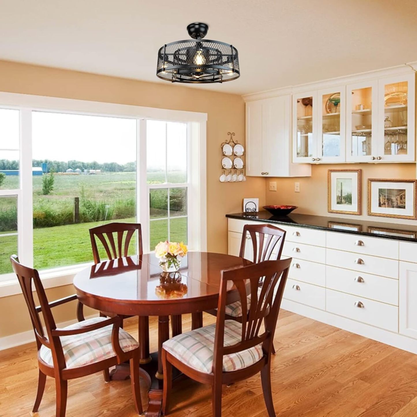 20 Inch Caged Ceiling Fan with Light, Farmhouse Ceiling Fan Lights with Remote, Industrial Ceiling Fans for Living Room, Bedroom, Kitchen, 6 Speeds Wind, Timer, 4xE26 Bulb Base, Black (No Bulb)