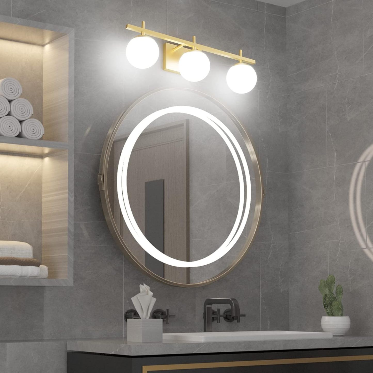 Mid Century Modern Gold Bathroom Light Fixtures 3-Light Gold Milky Glass Modern Bathroom Vanity Lights Over Mirror, Gold Wall Light for Bathroom (Exclude Bulb)