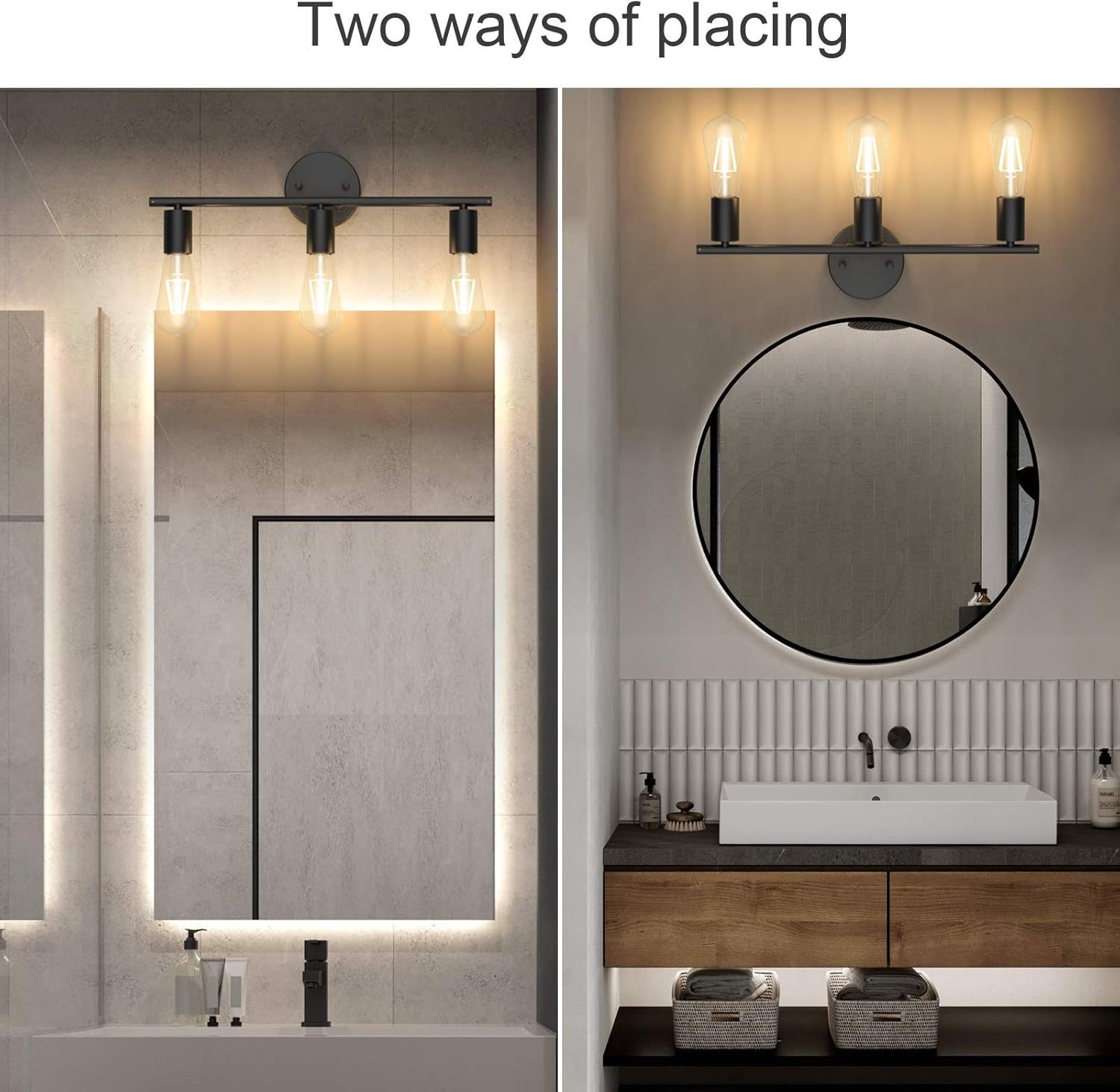 Black Wall Sconce 3 Light Industrial Matte Black Vanity Light Fixtures, Vintage Edison Wall Lamp Lighting Fixture for Bathroom