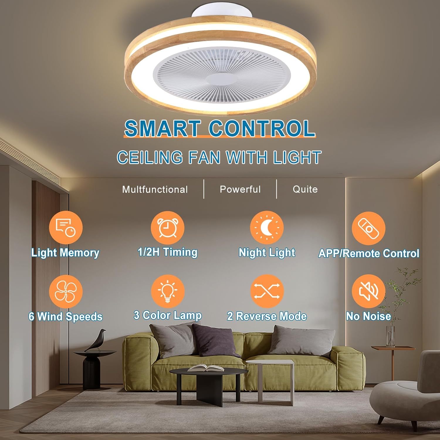 Ceiling Fan Mount for Bedroom: 20 Inch Wooden Bladeless Ceiling Fan with Light and Remote for Living Room Kitche - Modern Enclosed Led Fandelier with App Reversible 6 Wind Speed Dimmable