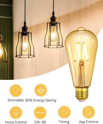 Smart Edison Bulbs, WiFi LED E26 Edison Bulbs, Dimmable ST64 Vintage Filament Light Bulb 2 Pack