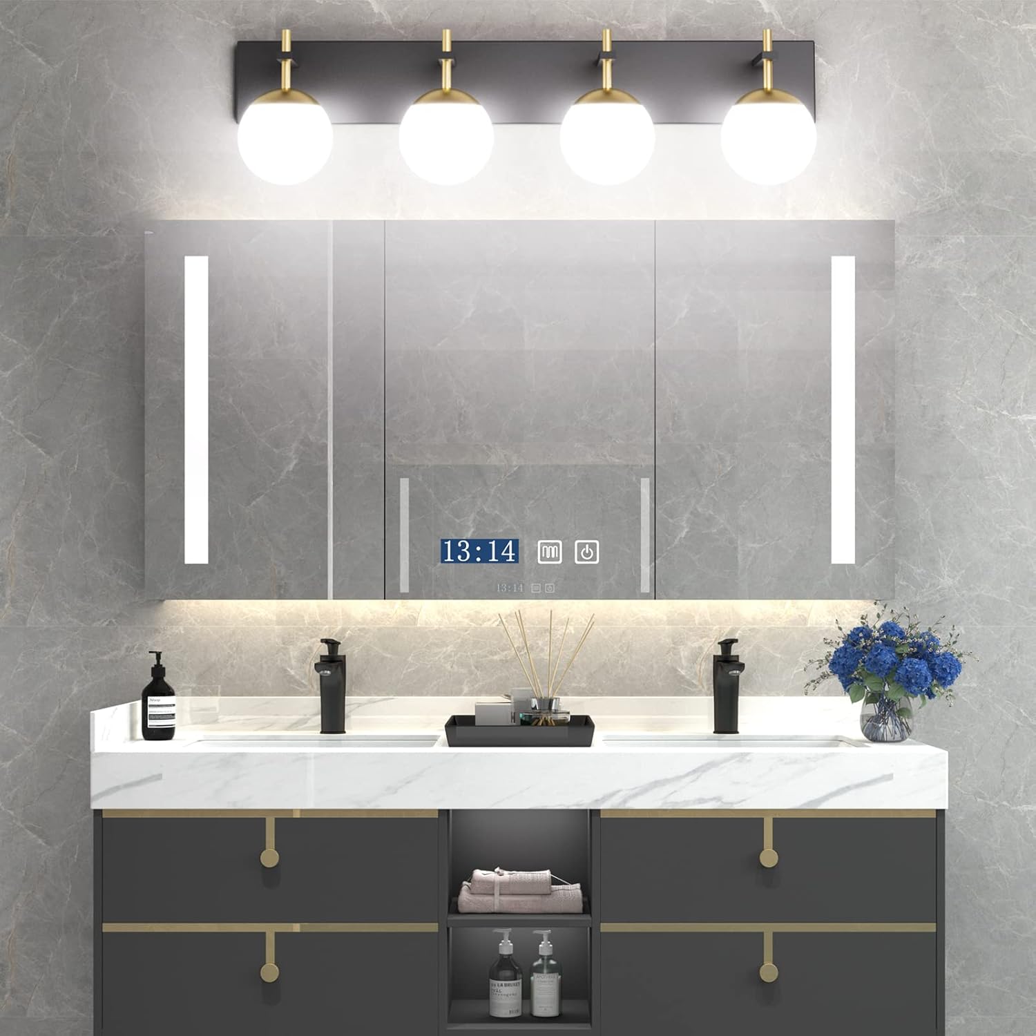 Mid Century Modern Vanity Lights for Bathroom 4-Light Milky Glass Globe Modern Bathroom Vanity Lights Over Mirror, Black/Golden Bathroom Wall Light Fixture (Exclude Bulb)