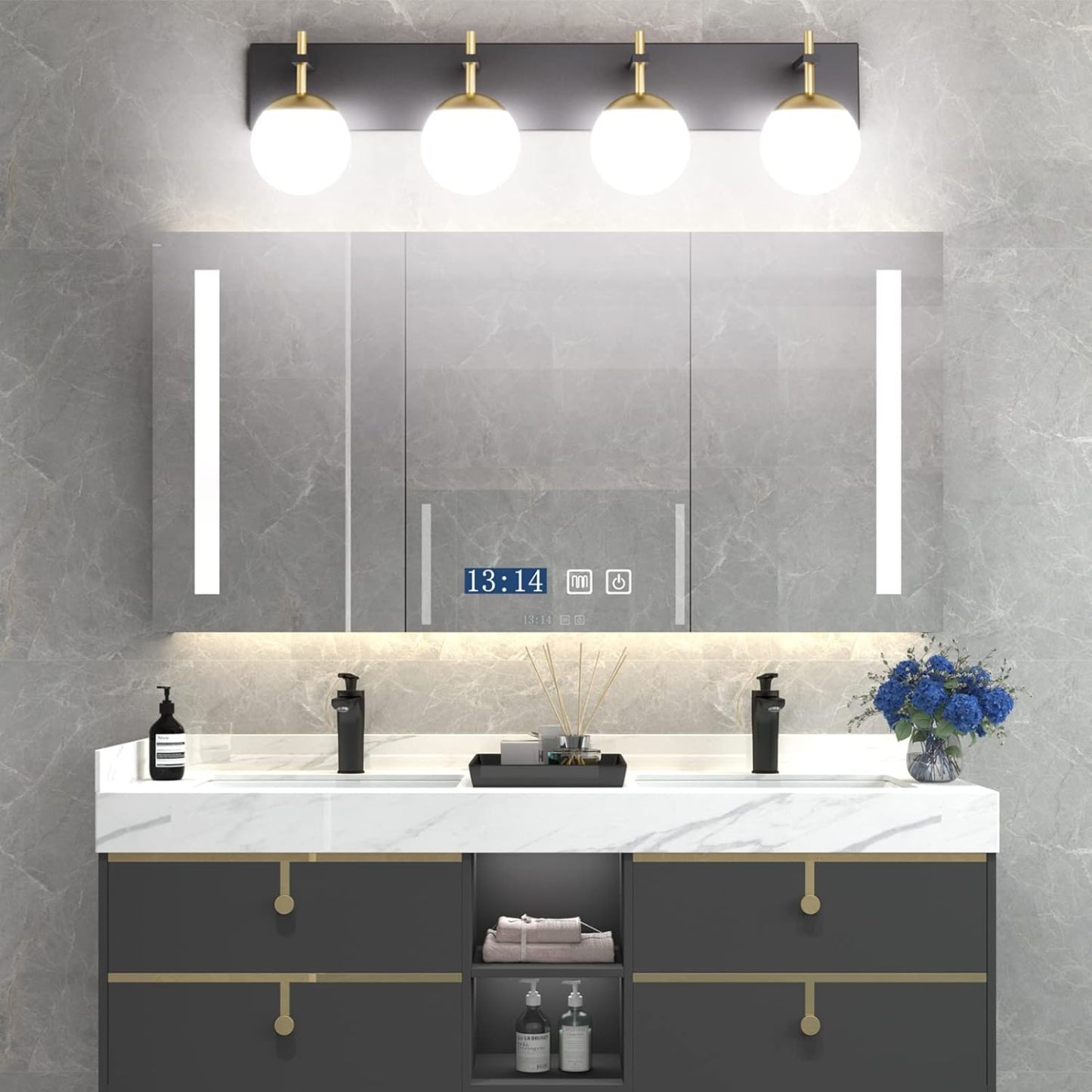Mid Century Modern Vanity Lights for Bathroom 4-Light Milky Glass Globe Modern Bathroom Vanity Lights Over Mirror, Black/Golden Bathroom Wall Light Fixture (Exclude Bulb)